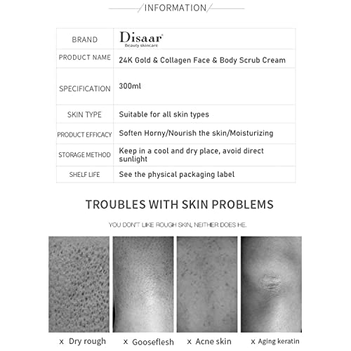 DISAAR BEAUTY 24K Gold Scrub Collagen Face Body Neck Cream Anti-Aging Removes Blackheads 300ml/10.58fl.oz
