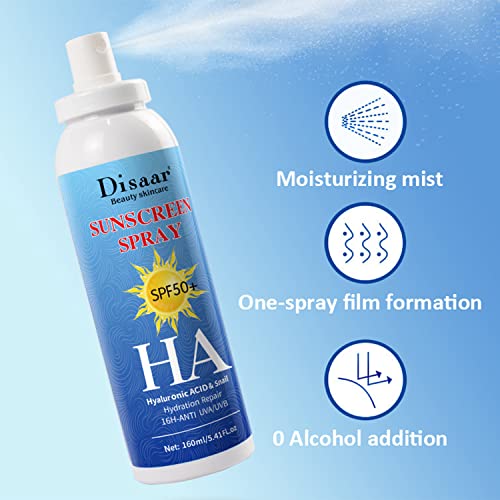 DISAAR BEAUTY Sunscreen Spray SPF50+ HA Hyaluronic Acid Snail Hydration Repair UVA/UVB 160ml/5.41oz