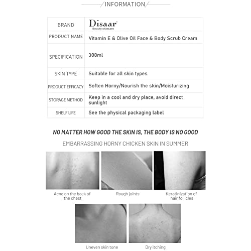 DISAAR BEAUTY Vitamin E Olive Oil Face Body Neck Scrub Cream Anti-Freckle Scar Mark Removal 300ml/10.58fl.oz
