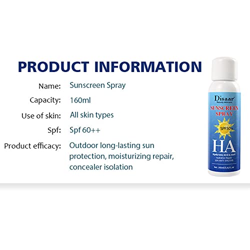 DISAAR BEAUTY Sunscreen Spray SPF50+ HA Hyaluronic Acid Snail Hydration Repair UVA/UVB 160ml/5.41oz