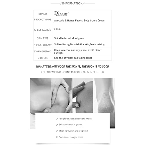 DISAAR BEAUTY Avocado Honey Face Body Neck Scrub Cream Purifying Moisturizing Nourishing Skin 300ml/10.58fl.oz