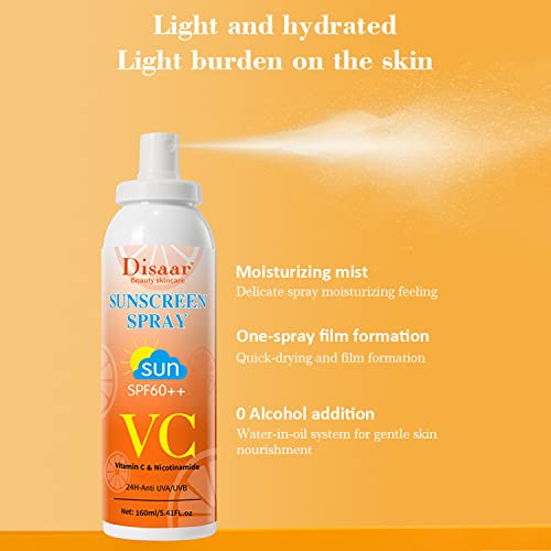 DISAAR BEAUTY Vitamin C Nicotinamide SPF60++ Sunscreen Spray Sun Protection Moisturizing Blocking Keeps Skin Hydrated 24H - Anti UVA / UVB 160ml / 5.41fl.oz