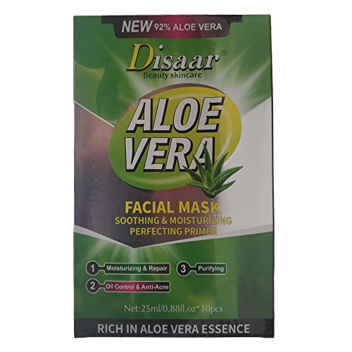 DISAAR Beauty Aloe Vera Facial Mask Soothing Essence Moisturizing Face Repair Oil Control Anti-Acne Purifying 25ml/0.88fl.oz (10 Pack)