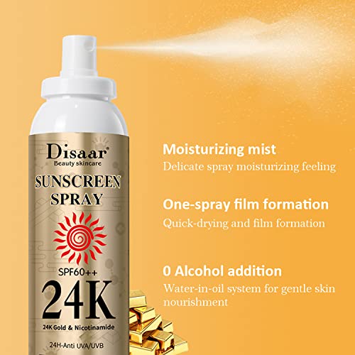DISAAR BEAUTY Sunscreen Spray SPF60 24K Gold Nicotinamide Sunblock Spray Face Sun Protect Anti-Aging Facial Body Care 160ml 5.41fl.oz