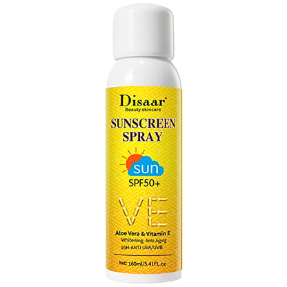 DISAAR BEAUTY Sunscreen Spray SPF50+ Aloe Vera & Vitamin E Moisturizing Anti-Aging 16H - Anti UVA/UVB Skin Protection 160ml / 5.41fl.oz