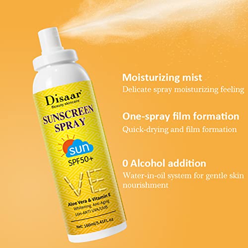 DISAAR BEAUTY Sunscreen Spray SPF50+ Aloe Vera & Vitamin E Moisturizing Anti-Aging 16H - Anti UVA/UVB Skin Protection 160ml / 5.41fl.oz