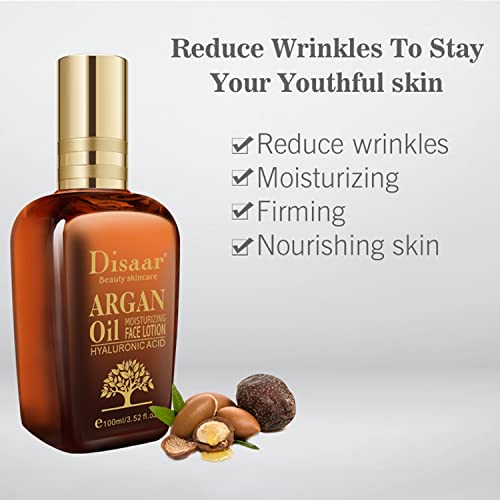 DISAAR Beauty Argan Oil Moisturizing Face Lotion Hyaluronic Acid Anti-Aging Shrink Pores 100ml/3.52fl.oz