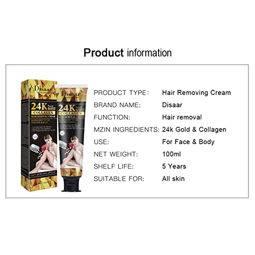 DISAAR BEAUTY Hair Removal Cream 24k Gold Essence Collagen Argan Oil 3 Minutes Quick & Easy To Use Face Body Legs Depilating Moisturizing 100ml/3.38fl.oz