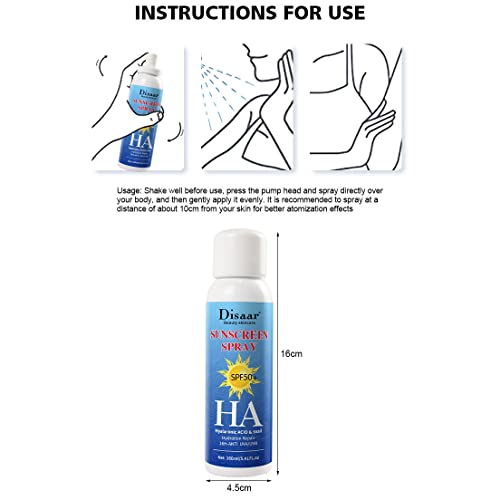 DISAAR BEAUTY Sunscreen Spray SPF50+ HA Hyaluronic Acid Snail Hydration Repair UVA/UVB 160ml/5.41oz