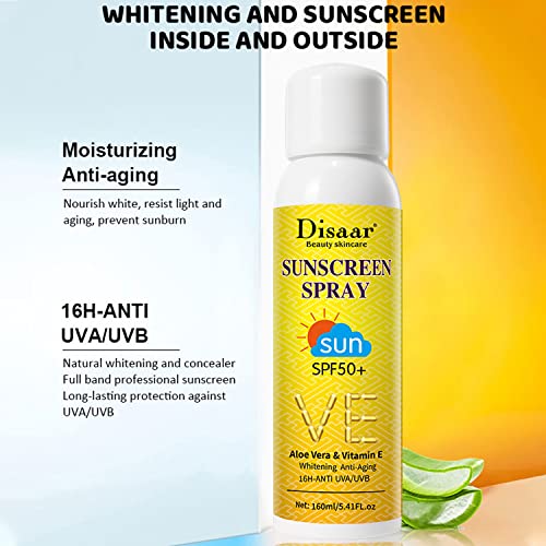 DISAAR BEAUTY Sunscreen Spray SPF50+ Aloe Vera & Vitamin E Moisturizing Anti-Aging 16H - Anti UVA/UVB Skin Protection 160ml / 5.41fl.oz