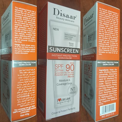 DISAAR BEAUTY SPF 90 Sunscreen Instant Protection UVA UVB Foundation PA+++ Oil Free Sunblock Cover Protect Perfectly Moisturizing Coverage Surge 40g