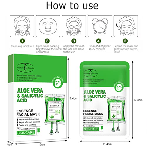 AICHUN BEAUTY Essence Facial Mask Tencel Material Anti-acne Anti-wrinkles Repair After Sun Moisturizing Deep Cleaning Contractive Pore 25ml/0.88fl.oz X 10pcs