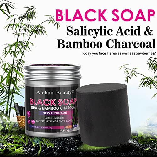 AICHUN BEAUTY Black Soap BHA Bamboo Charcoal Detox Cleansing Moisturizing Anti-Acne PH Balance Oily Breakout Skin 78g/2.75fl.oz