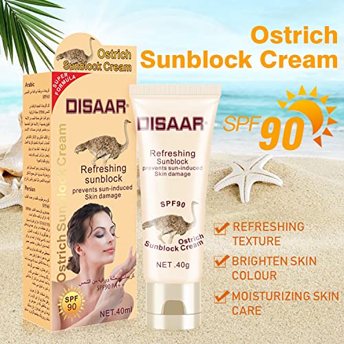 DISAAR BEAUTY Sunblock Cream Refreshing Sunscreen Face Neck Arms Skin Damage SPF 60/90 PA++ UVA/UVB Protection 40ml/1.35fl.oz (SPF 90 Ostrich Sunblock Cream)