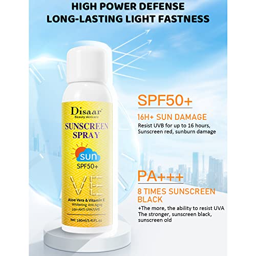 DISAAR BEAUTY Sunscreen Spray SPF50+ Aloe Vera & Vitamin E Moisturizing Anti-Aging 16H - Anti UVA/UVB Skin Protection 160ml / 5.41fl.oz