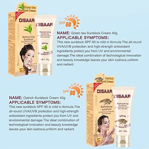 DISAAR BEAUTY Sunblock Cream Refreshing Sunscreen Face Neck Arms Skin Damage SPF 60/90 PA++ UVA/UVB Protection 40ml/1.35fl.oz (SPF 60 Green Tea Sunblock Cream)