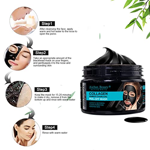 AICHUN BEAUTY Collagen Bamboo Charcoal Vegan Peel-Off Face Mask Instantly Detoxes Clears Pores Moisturizing Oil Control Anti-Acne Facial Mask 150ml/5.07fl.oz