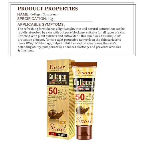 DISAAR BEAUTY Collagen Snail Extract Sunscreen 50 SPF PA+++ UVA/UVB Hight Protection Sensetive Skin Water Resistant Moisture 50g / 1.76oz