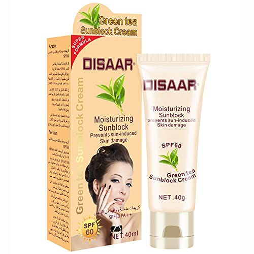 DISAAR BEAUTY Sunblock Cream Refreshing Sunscreen Face Neck Arms Skin Damage SPF 60/90 PA++ UVA/UVB Protection 40ml/1.35fl.oz (SPF 60 Green Tea Sunblock Cream)