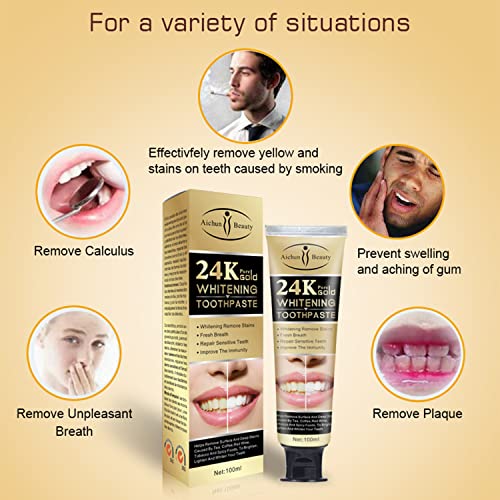 AICHUN BEAUTY 24K Pure Gold Whitening Toothpaste Remove Stains Repair Sensitive Teeth Fresh Breath 100ml/3.38oz