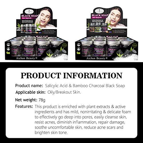 AICHUN BEAUTY Black Soap BHA Bamboo Charcoal Detox Cleansing Moisturizing Anti-Acne PH Balance Oily Breakout Skin 78g/2.75fl.oz