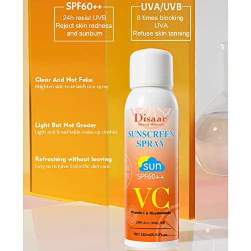 DISAAR BEAUTY Vitamin C Nicotinamide SPF60++ Sunscreen Spray Sun Protection Moisturizing Blocking Keeps Skin Hydrated 24H - Anti UVA / UVB 160ml / 5.41fl.oz