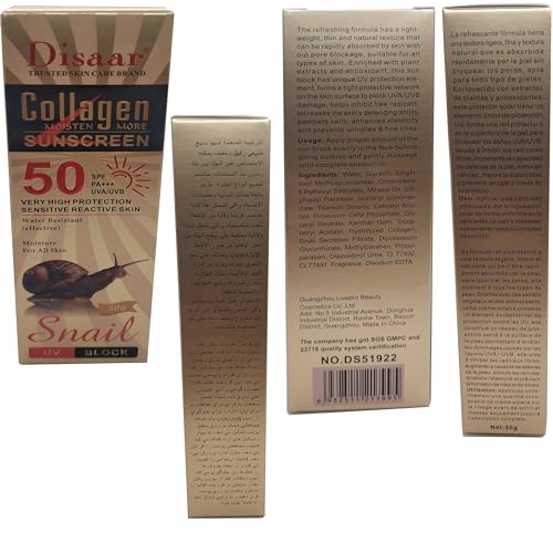 DISAAR BEAUTY Collagen Snail Extract Sunscreen 50 SPF PA+++ UVA/UVB Hight Protection Sensetive Skin Water Resistant Moisture 50g / 1.76oz
