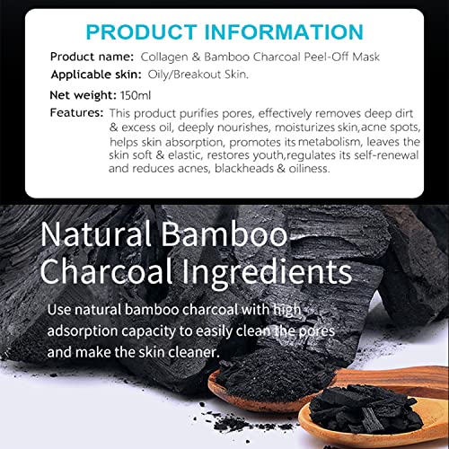 AICHUN BEAUTY Collagen Bamboo Charcoal Vegan Peel-Off Face Mask Instantly Detoxes Clears Pores Moisturizing Oil Control Anti-Acne Facial Mask 150ml/5.07fl.oz