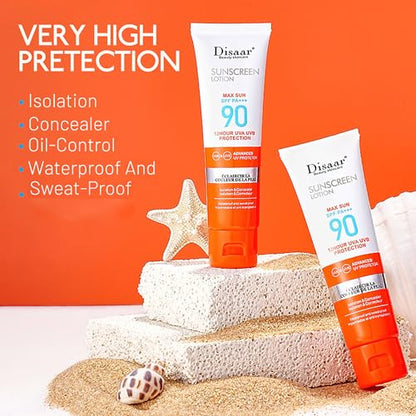 DISAAR BEAUTY Sunscreen Lotion SPF 90 PA+++ Sweatproof UVA/UVB Protection Waterproof Moisturizing Skin 50ml / 1.69fl.oz