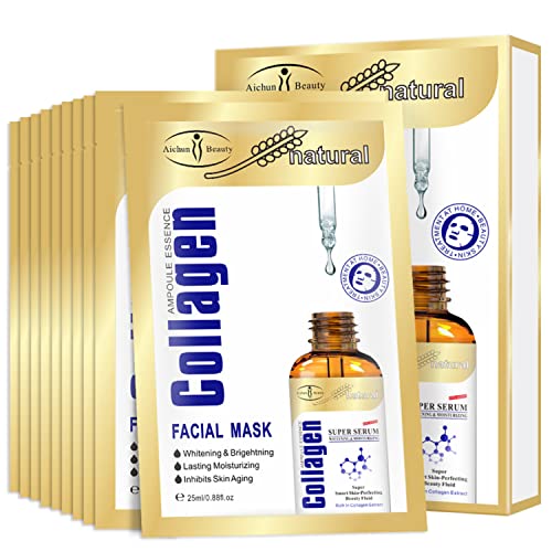 AICHUN BEAUTY Collagen Extract Essence Facial Mask Moisturizing Face Wrinkle Acne Scars Rough Pores Prevents Aging Smooth Skin 25ml/ 0.88fl.oz (10 PACK)