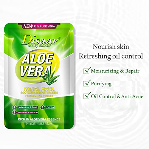DISAAR Beauty Aloe Vera Facial Mask Soothing Essence Moisturizing Face Repair Oil Control Anti-Acne Purifying 25ml/0.88fl.oz (10 Pack)