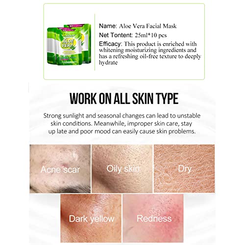 DISAAR Beauty Aloe Vera Facial Mask Soothing Essence Moisturizing Face Repair Oil Control Anti-Acne Purifying 25ml/0.88fl.oz (10 Pack)