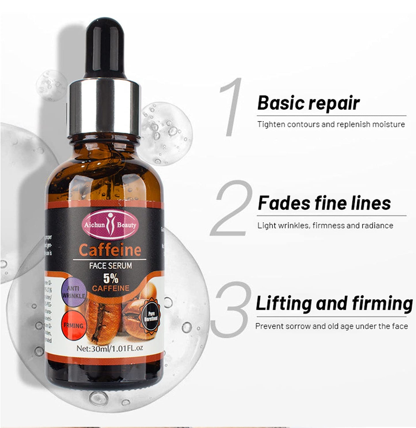 Aichun Beauty 5% Caffeine Face Serum Moisturizing Anti-Wrinkle Firming Facial Repair Damaged Skin Care 30ml