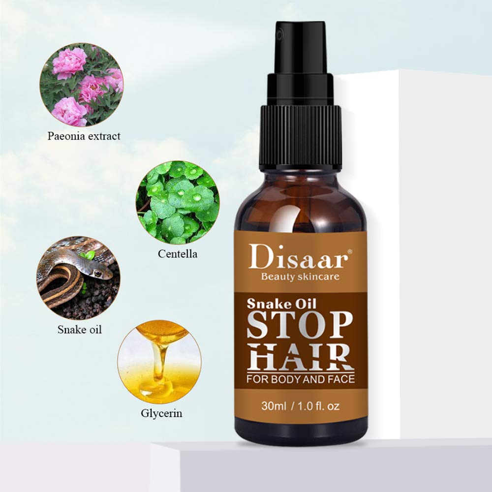 DISAAR BEAUTY Snake Oil Stop Hair Remover Body Face Spray Powerful Permanent Painless Inhibitor Shrink Pores Skin Smooth Natural Moisturizing 30 ML