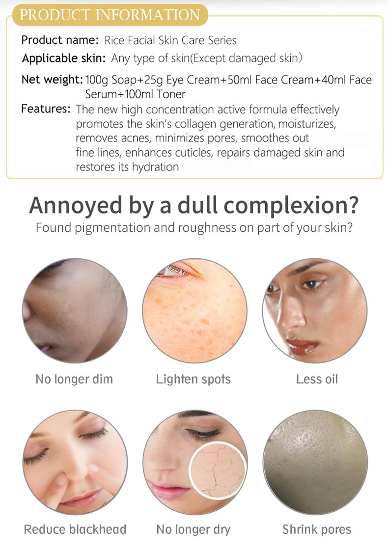 AICHUN BEAUTY Organic Rice Facial Skin Care Set Hydrate Rejuvenating Essence Soap Toner Face Serum Eye Cream Gift Box 100g+100ml+40ml+50ml+25ml 5PCS