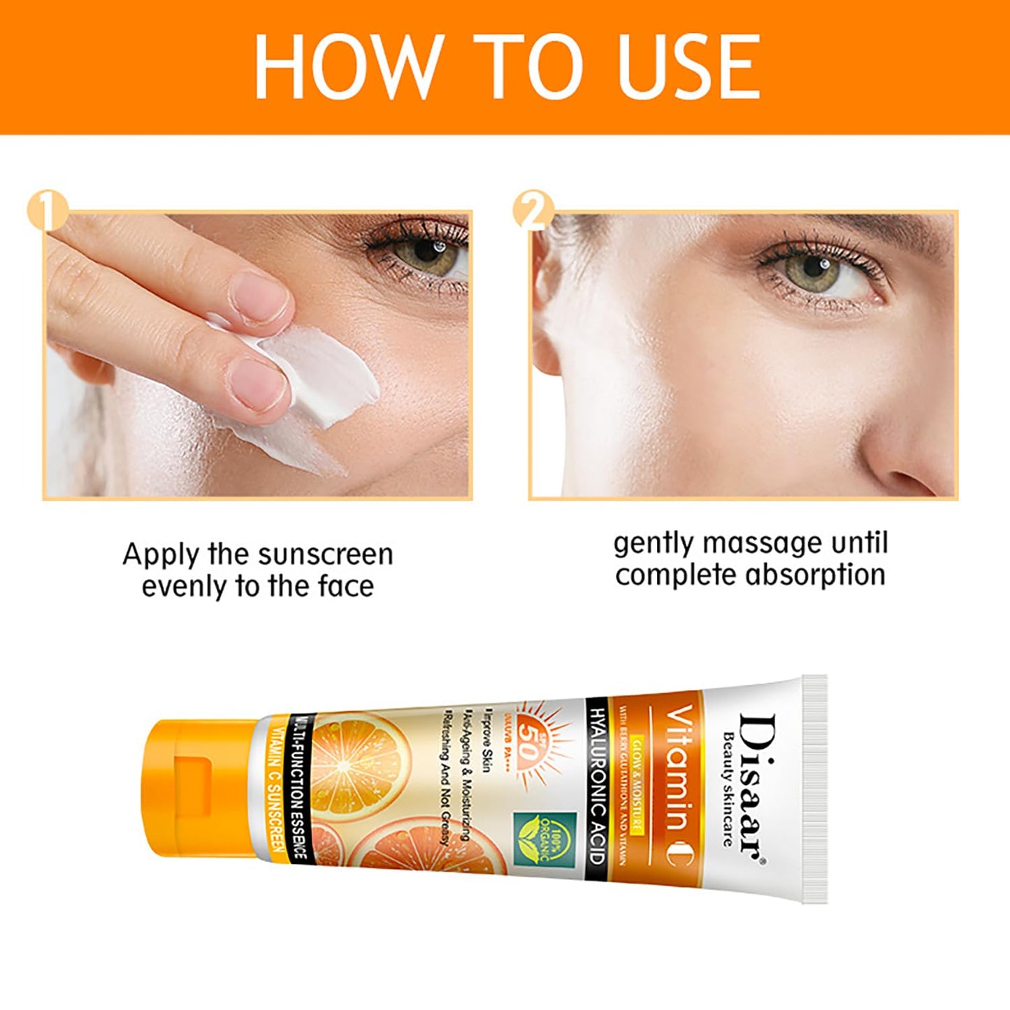 DISAAR BEAUTY SPF50 Vitamin C Anti Wrinkle Sunscreen Orange Extract Hyaluronic Acid SPF50 UVA/UVB PA+++ Moisturizing