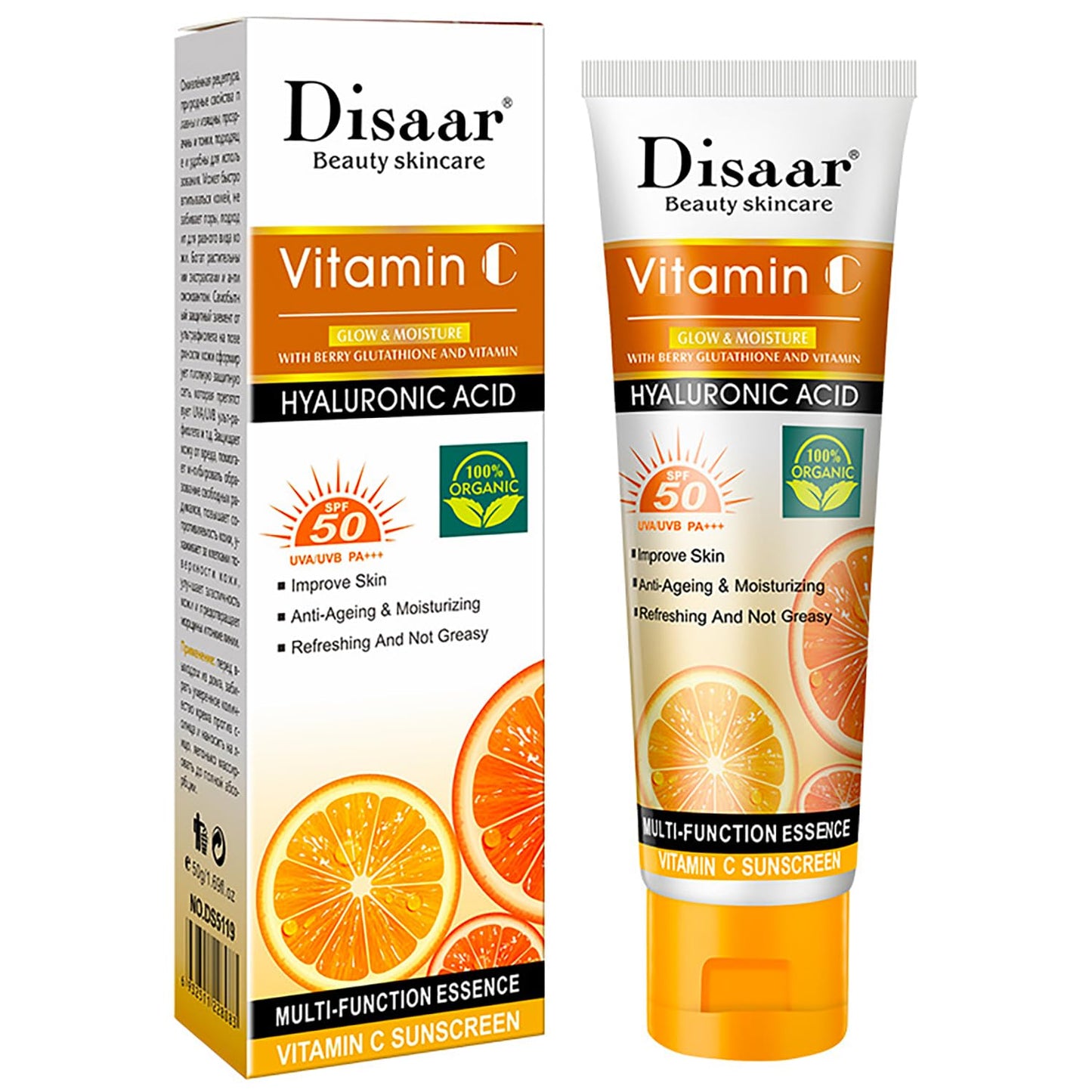 DISAAR BEAUTY SPF50 Vitamin C Anti Wrinkle Sunscreen Orange Extract Hyaluronic Acid SPF50 UVA/UVB PA+++ Moisturizing