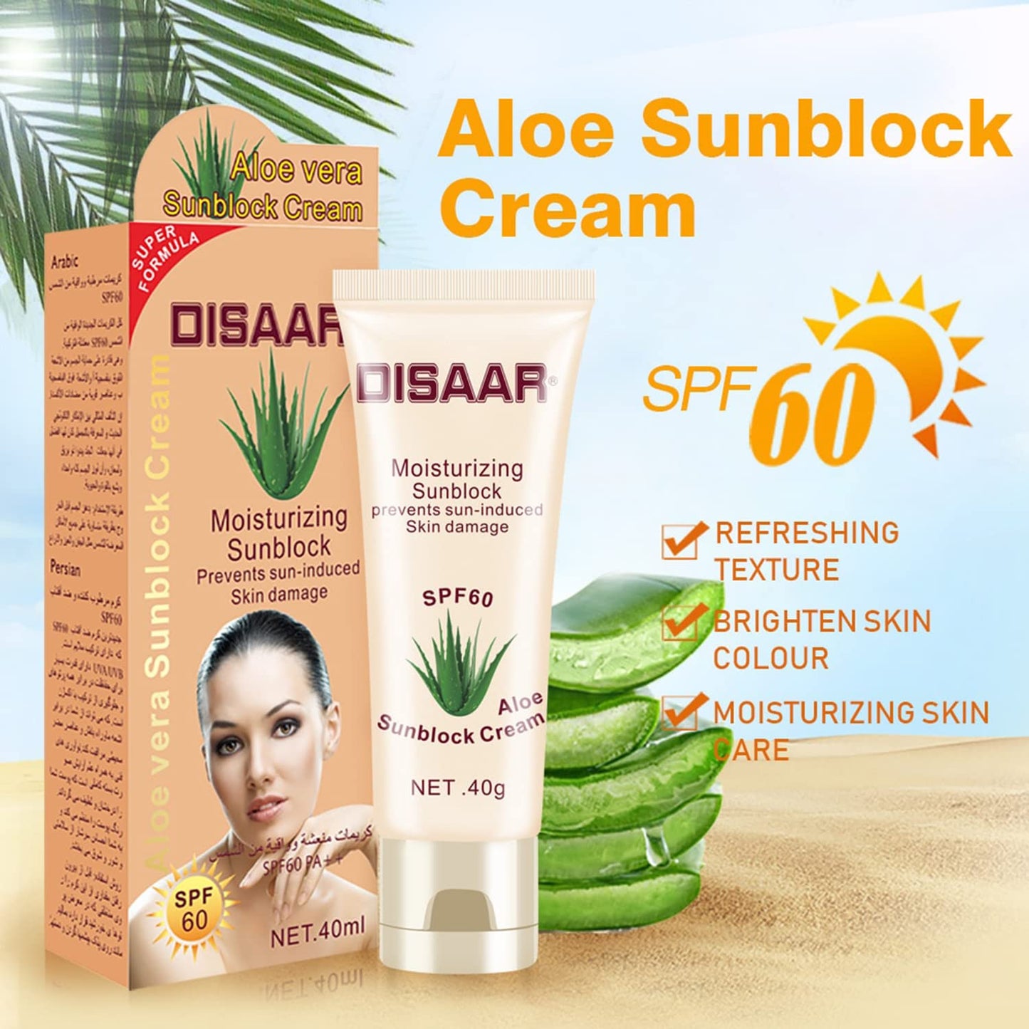 DISAAR BEAUTY Sunblock Cream Refreshing Sunscreen Face Neck Arms Skin Damage SPF 60/90 PA++ UVA/UVB Protection 40ml/1.35fl.oz (SPF 60 Aloe Vera Sunblock Cream)