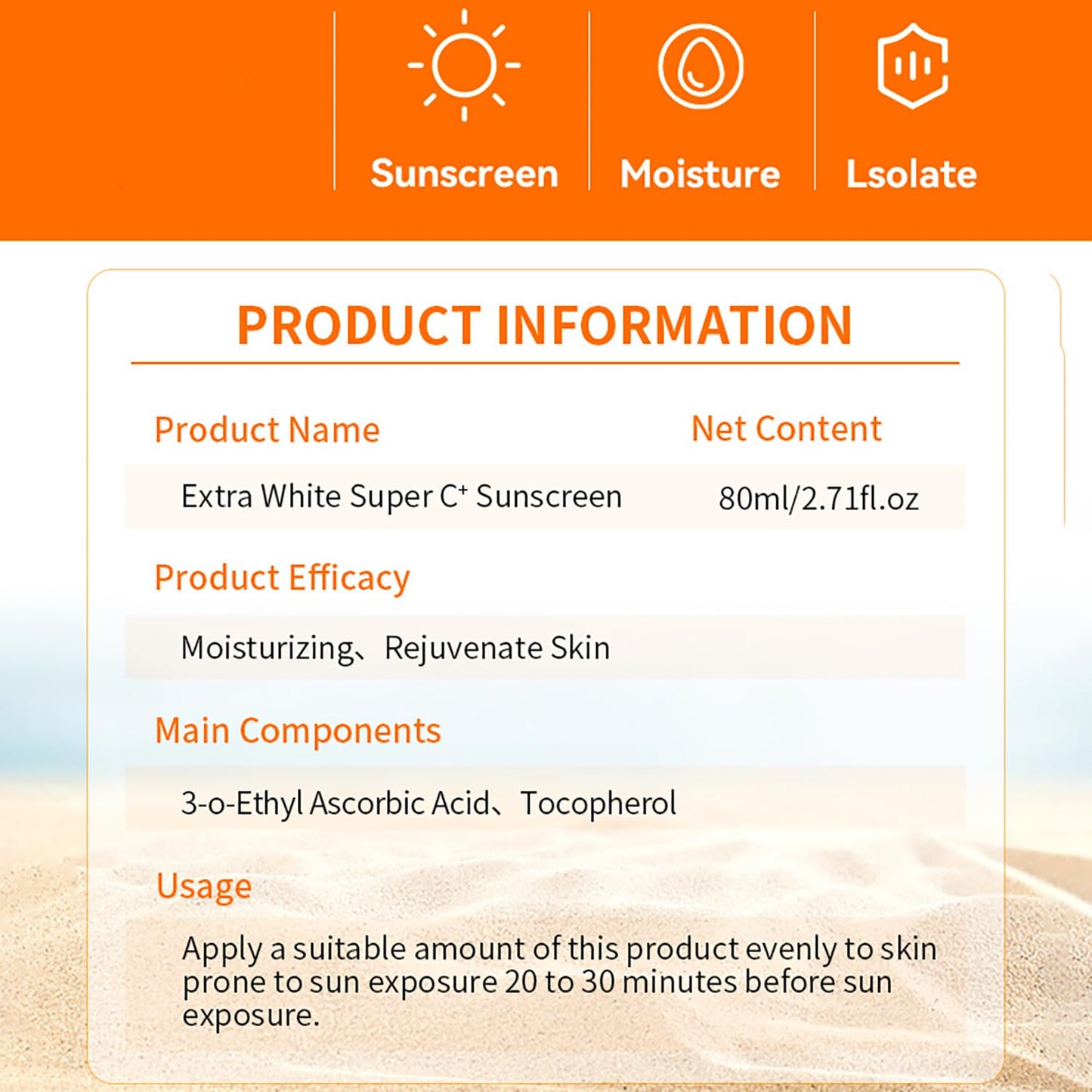 DISAAR BEAUTY Vitamin C Serum Sunscreen SPF 50 PA+++ Moisturizing Rejuvenate Skin Protection UVA/UVB Hydrating 80ml / 2.71fl.oz