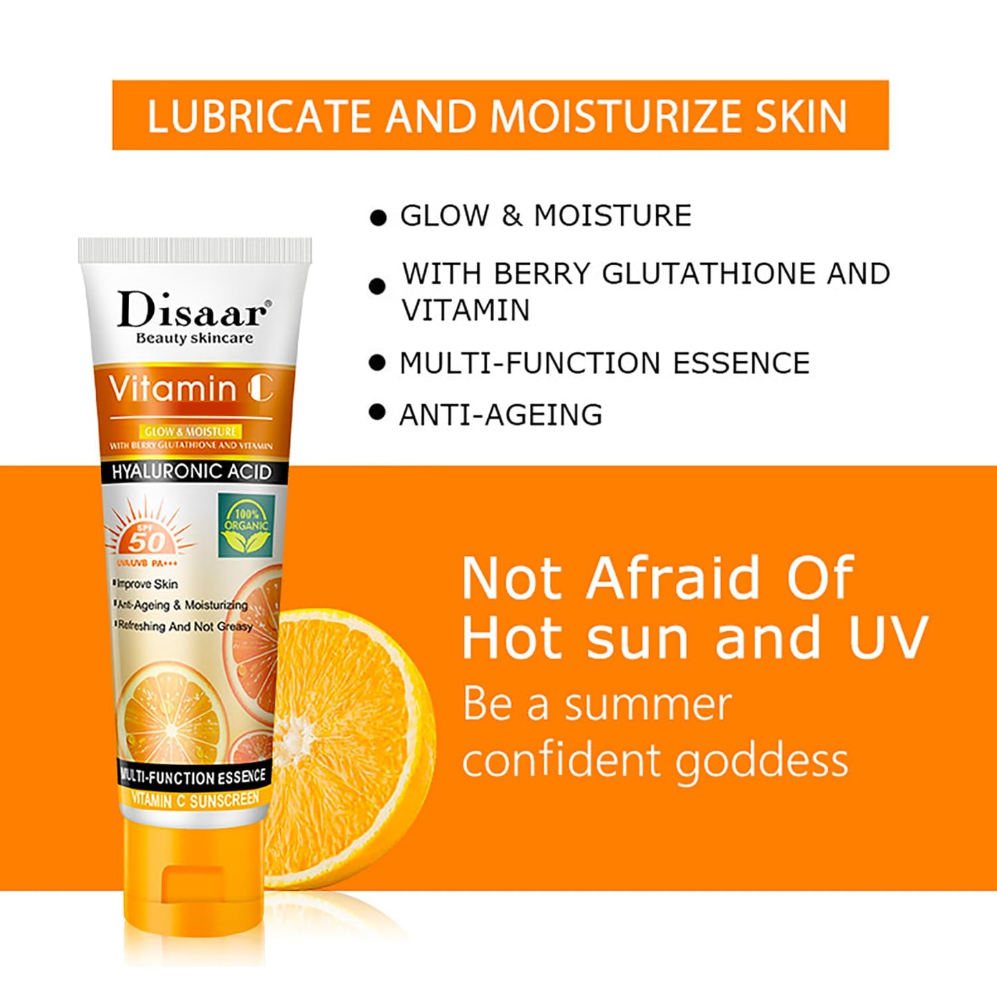 DISAAR BEAUTY SPF50 Vitamin C Anti Wrinkle Sunscreen Orange Extract Hyaluronic Acid SPF50 UVA/UVB PA+++ Moisturizing