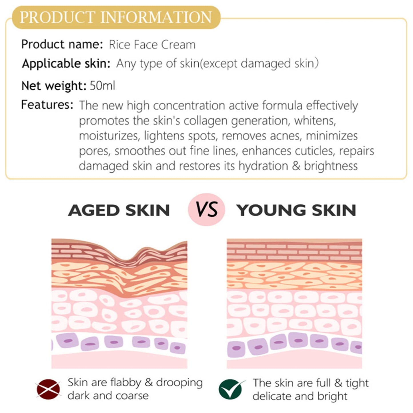 AICHUN BEAUTY Face Cream Natural Rice Moisturizing Anti-Aging Anti-Freckle Repair Damaged Skin Restores Hydration Facial Skin 50ml/1.69fl.oz