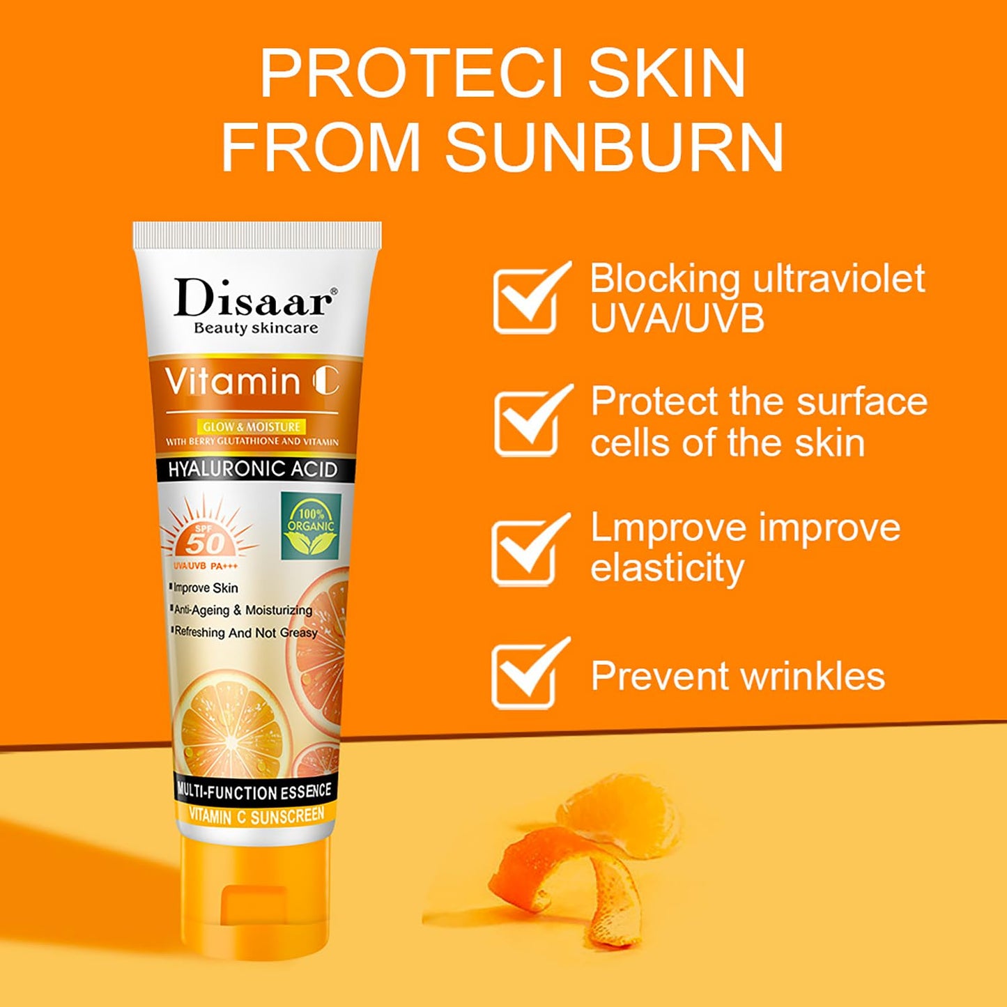 DISAAR BEAUTY SPF50 Vitamin C Anti Wrinkle Sunscreen Orange Extract Hyaluronic Acid SPF50 UVA/UVB PA+++ Moisturizing