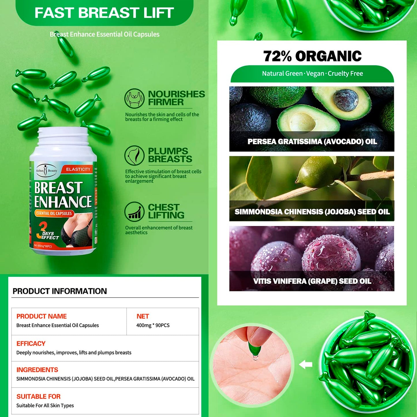 AICHUN BEAUTY Breast Enhance Essential Oil Capsules 3days Effect Deeply Nourishes Improves Lifts Plumps Breasts 400mgx90pcs