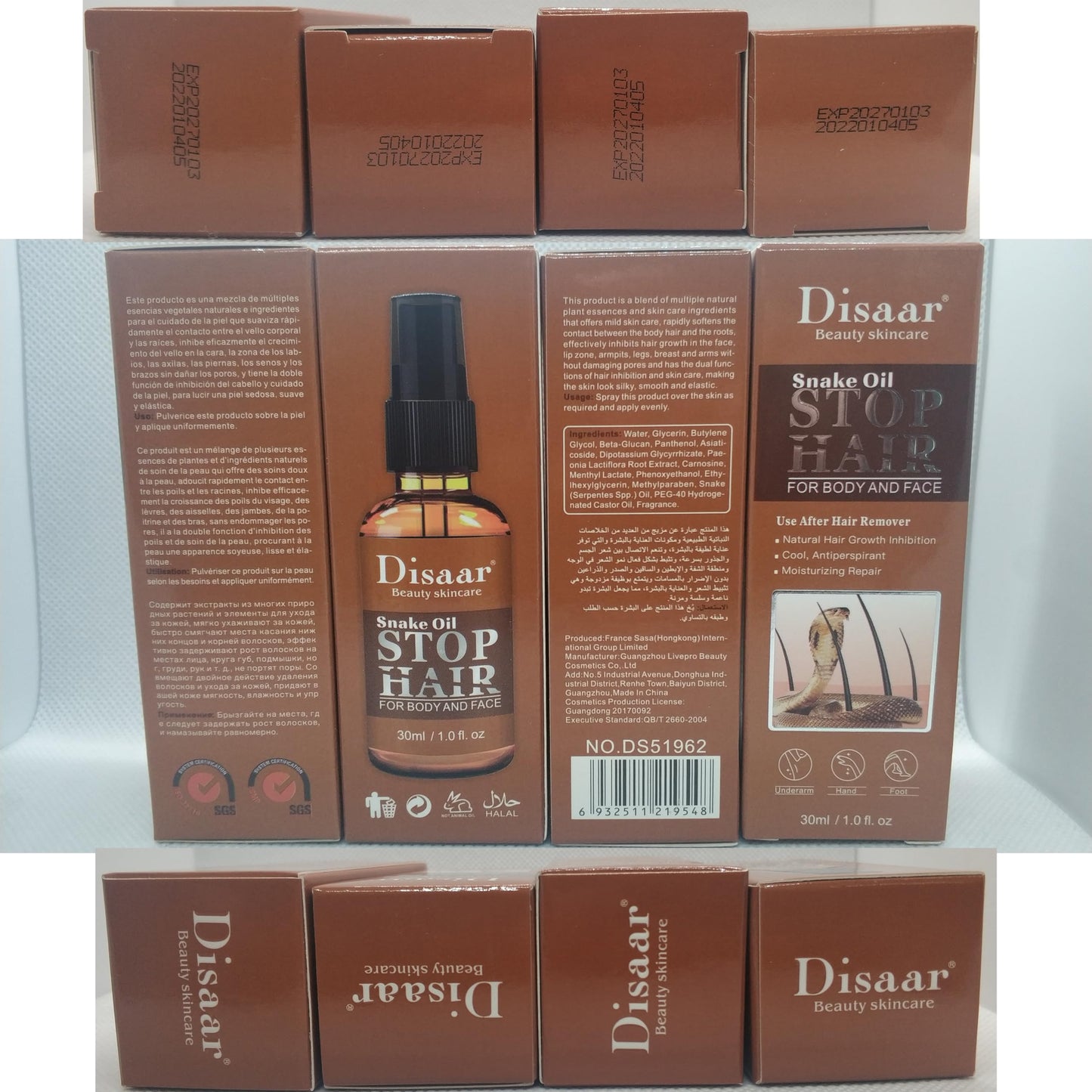 DISAAR BEAUTY Snake Oil Stop Hair Remover Body Face Spray Powerful Permanent Painless Inhibitor Shrink Pores Skin Smooth Natural Moisturizing 30 ML