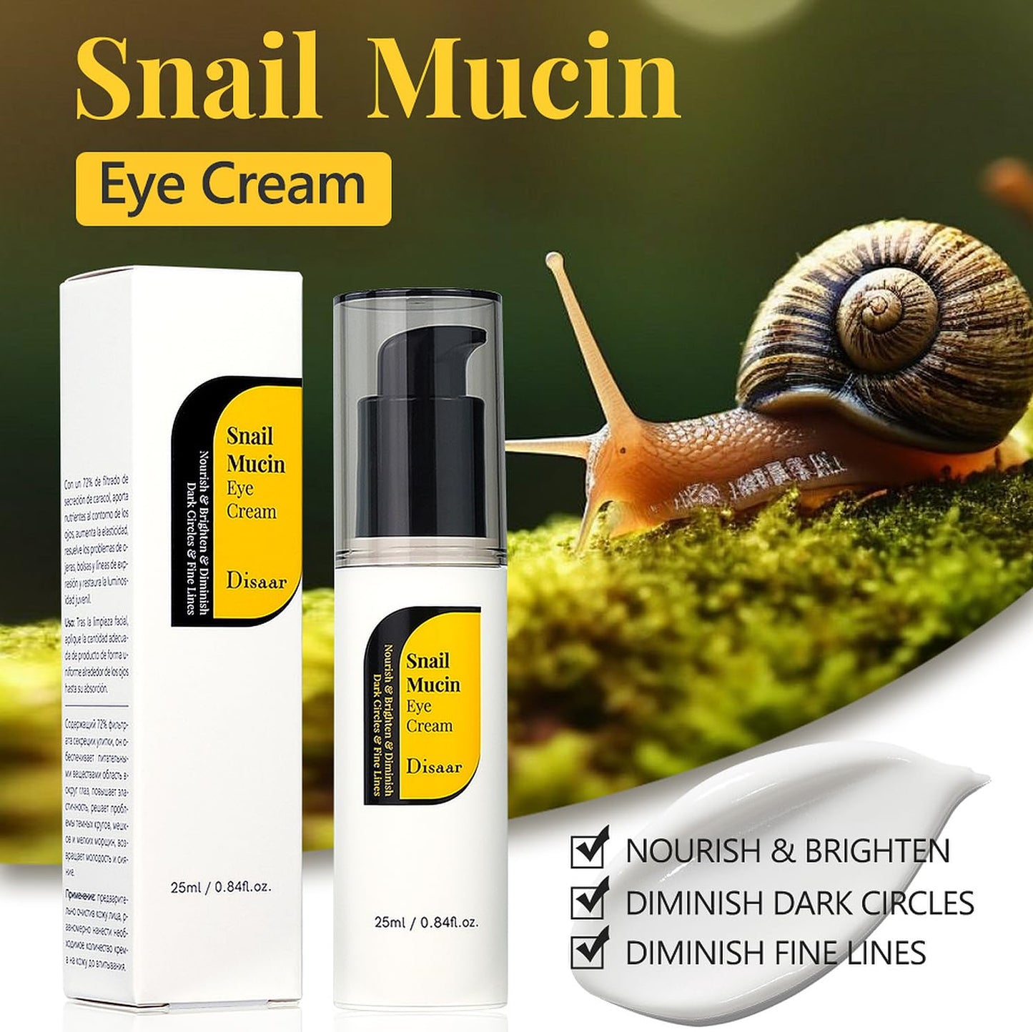 DISAAR BEAUTY Snail Mucin Eye Cream Dark Circles Fine Lines 25ml