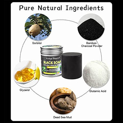 AICHUN BEAUTY Black Soap Gluta Acid Dead Sea Mud Minerals Deep Cleansing Acne & Oil Skin Nourishing Removes Dead Skin Cells 78g/2.75fl.oz