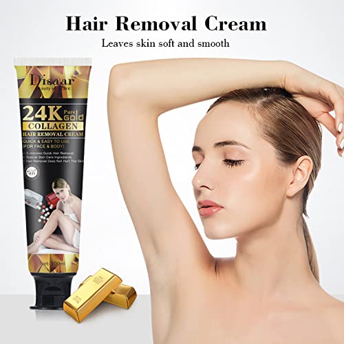 DISAAR BEAUTY Hair Removal Cream 24k Gold Essence Collagen Argan Oil 3 Minutes Quick & Easy To Use Face Body Legs Depilating Moisturizing 100ml/3.38fl.oz