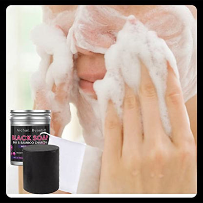 AICHUN BEAUTY Black Soap BHA Bamboo Charcoal Detox Cleansing Moisturizing Anti-Acne PH Balance Oily Breakout Skin 78g/2.75fl.oz