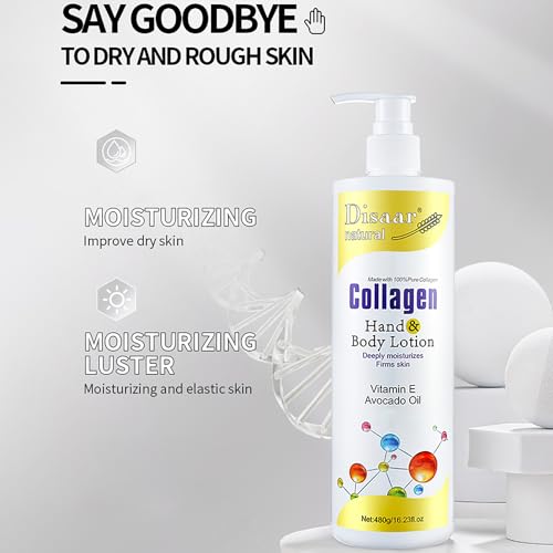 DISAAR Beauty Collagen Hand Body Lotion Vitamin E Avocado Oil Deeply Moisturizes Firms Smooth Skin 480g / 16.23fl.oz