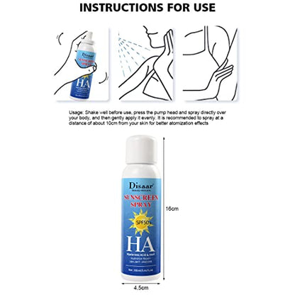 DISAAR BEAUTY Sunscreen Spray SPF50+ HA Hyaluronic Acid Snail Hydration Repair UVA/UVB 160ml/5.41oz